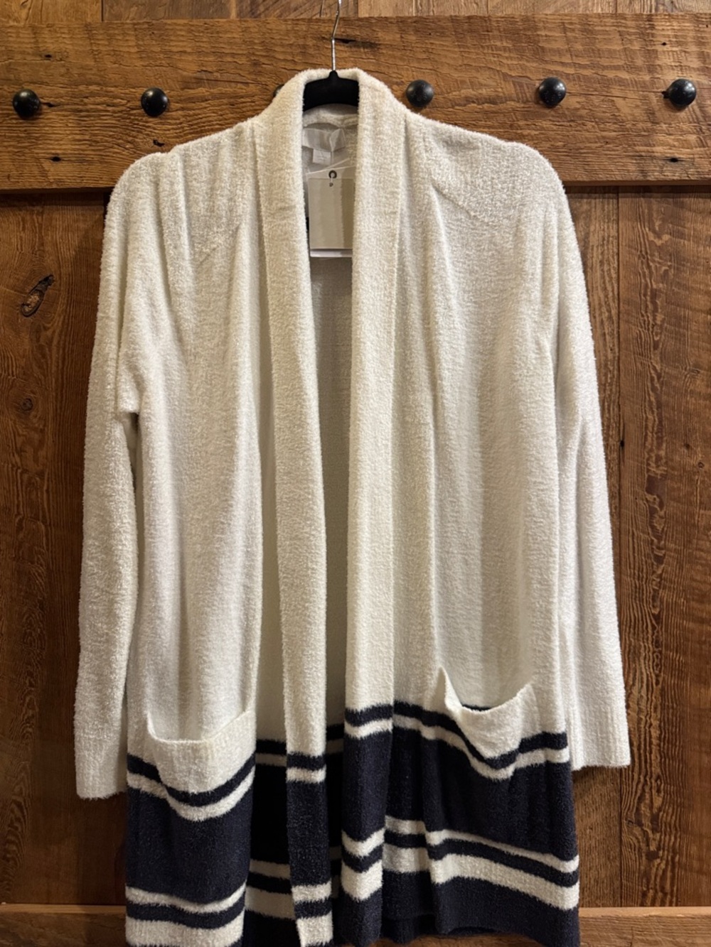Barefoot dreams Cream Open-Front Cardigan with Navy Stripe Hem